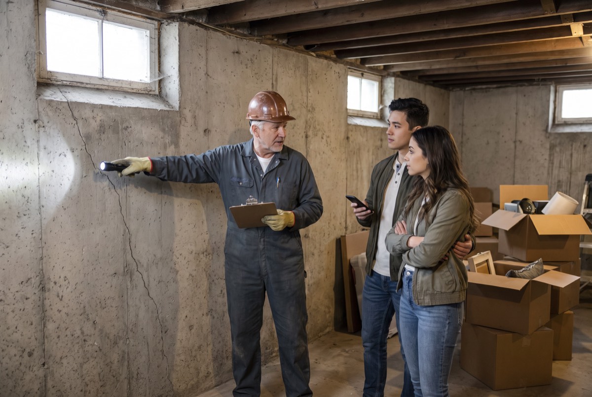 Home inspector showing a young couple the basement of a Bowling Green house for sale