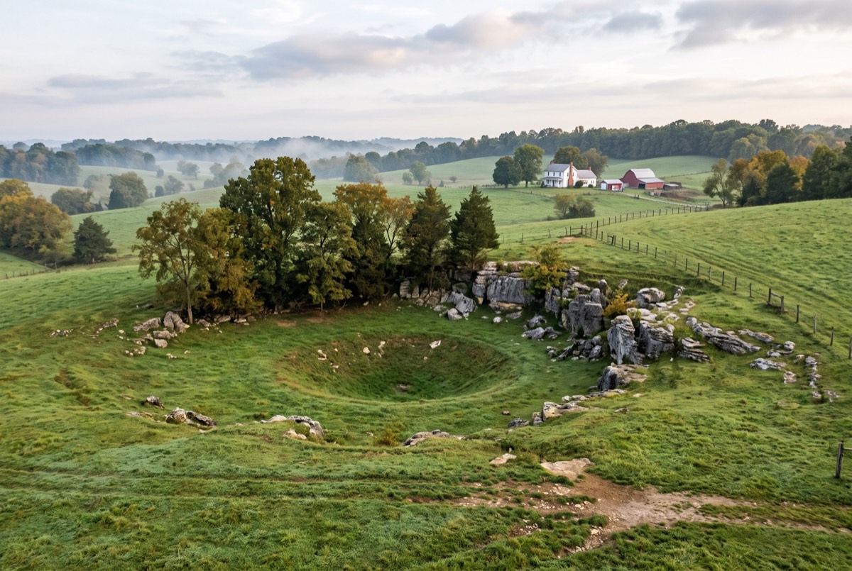 Karst sinkhole with limestone outcroppings on Kentucky farmland near Bowling Green