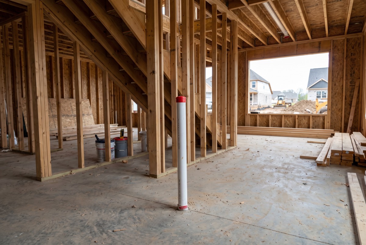 Capped radon rough-in pipe rising through new home framing in a Bowling Green subdivision
