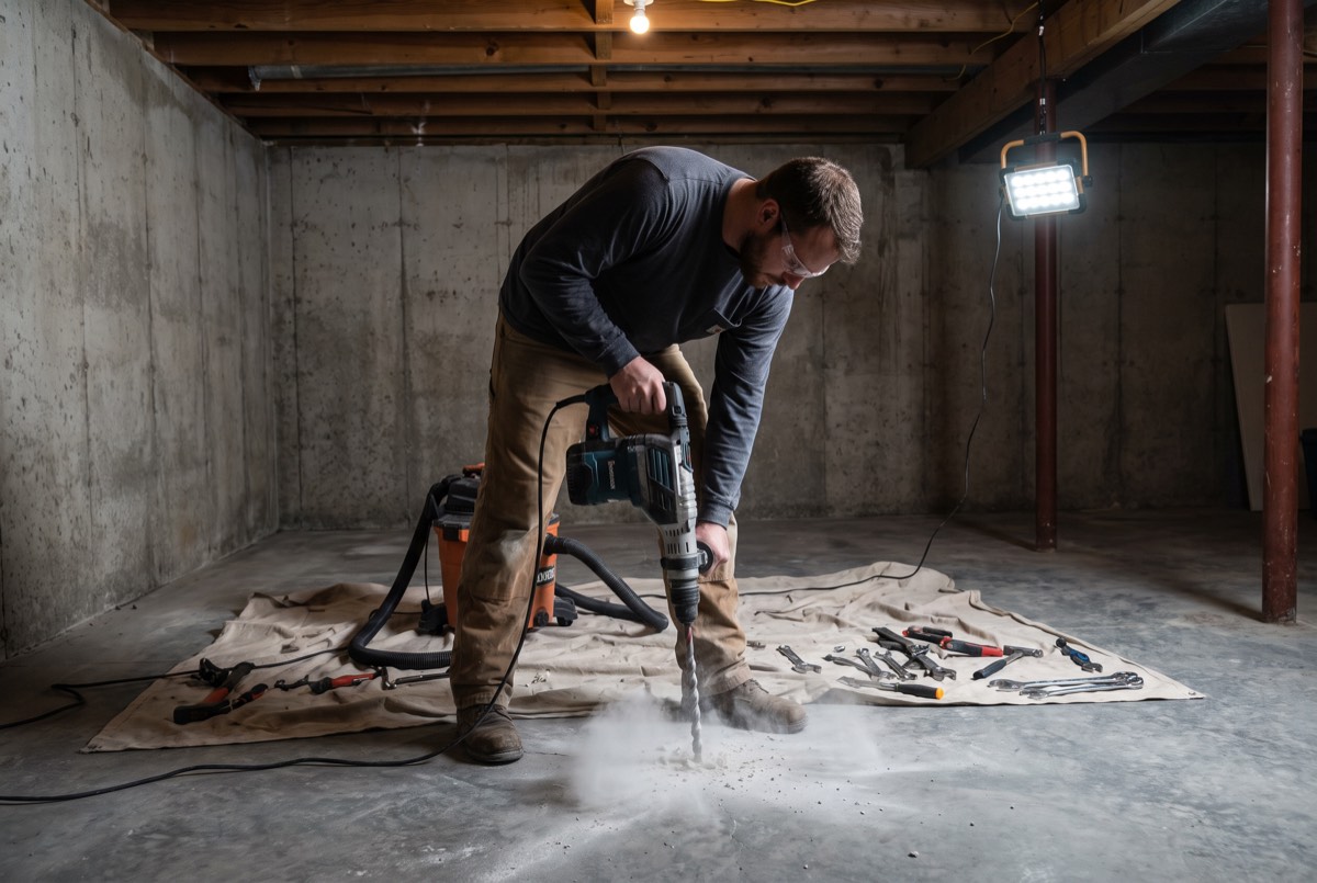 Technician drilling a radon suction point in a Kentucky basement concrete slab